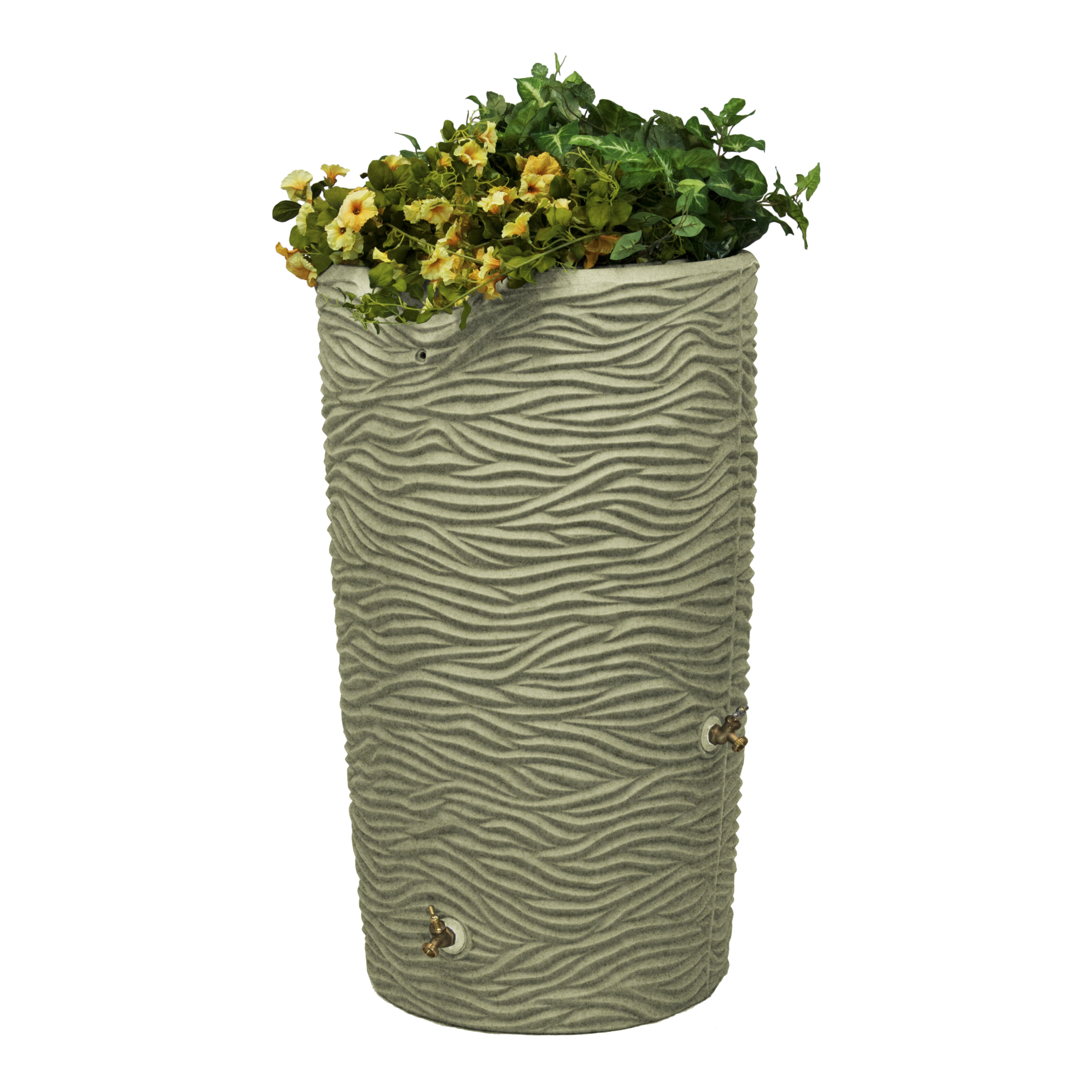 Good Ideas Impressions Palm Rain Saver Barrel — 65 Gallon, Sandstone, Integrated Overflow Channel, Model# IMP-L65-SAN